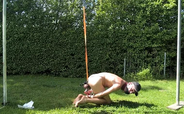 naked pathetic slave outdoor in penis cage got public humiliated as fucktoy dildo in ass