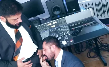 Suited Cristian Sam ass drills Little Brako deep in studio